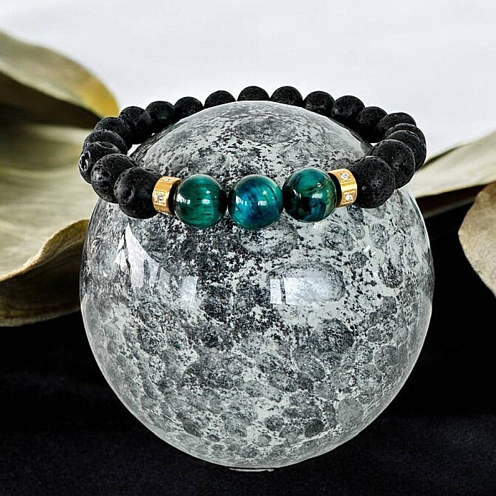 Bratara Barbati Osip din Ochi de Tigru albastru si pietre de Lava cu accesorii din inox aurii [5]