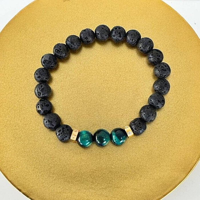 Bratara Barbati Osip din Ochi de Tigru albastru si pietre de Lava cu accesorii din inox aurii [7]