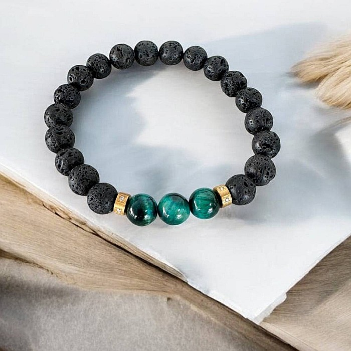 Bratara Barbati Osip din Ochi de Tigru albastru si pietre de Lava cu accesorii din inox aurii [2]