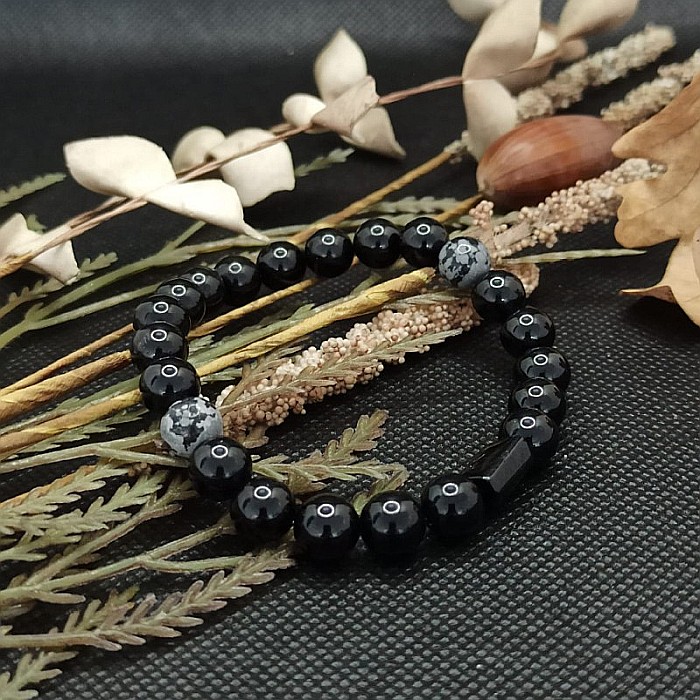Bratara barbati pietre naturale de Turmalina si Snow Flake Obsidian, Adal, margele de 8mm [2]