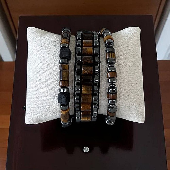 Bratara barbati Ravi impletita manual cu Ochi de Tigru Cilindru si Hematit pe snur, ajustabila [7]