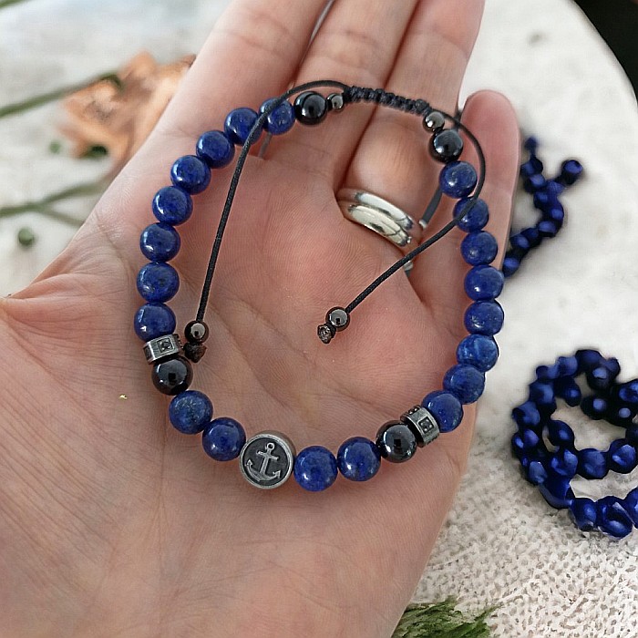 Bratara barbati snur Ambar din pietre de Lapis lazuli si accesorii din inox [6]