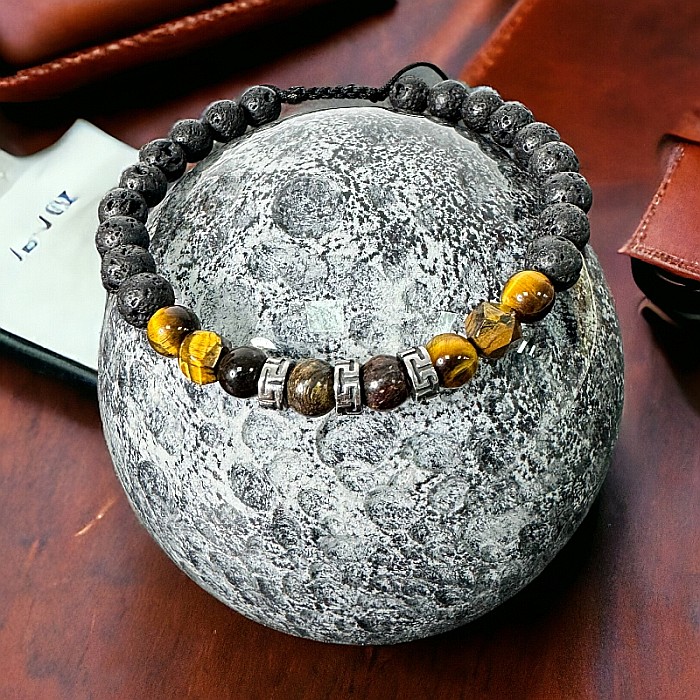 Bratara Barbati snur Milo din cristale de Bronzit, Ochi de Tigru si Piatra de Lava [1]