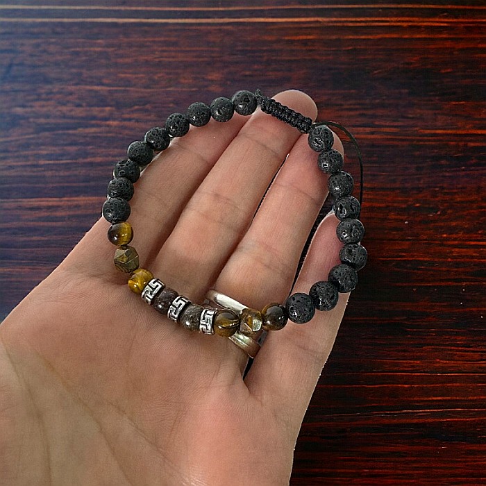 Bratara Barbati snur Milo din cristale de Bronzit, Ochi de Tigru si Piatra de Lava [3]