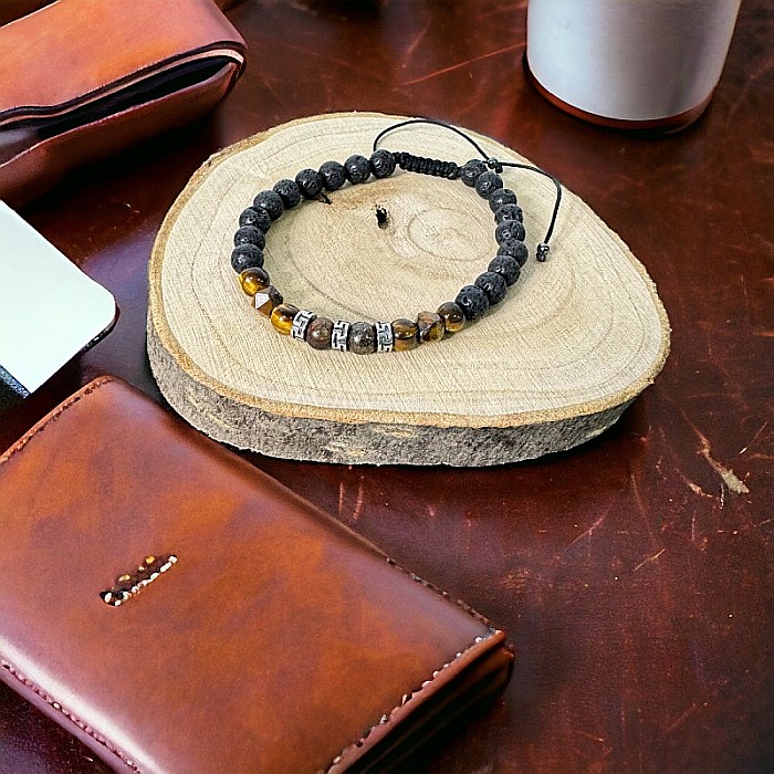 Bratara Barbati snur Milo din cristale de Bronzit, Ochi de Tigru si Piatra de Lava [4]