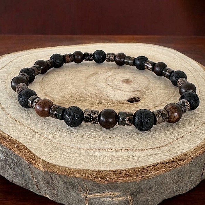 Bratara barbati Ved din Lemn de Santal si Piatra de Lava pe elastic [2]