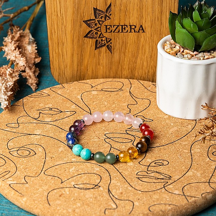 Bratara Chakre din pietre semipretioase si Cuart Roz, sfere de 8mm, Makara [10]