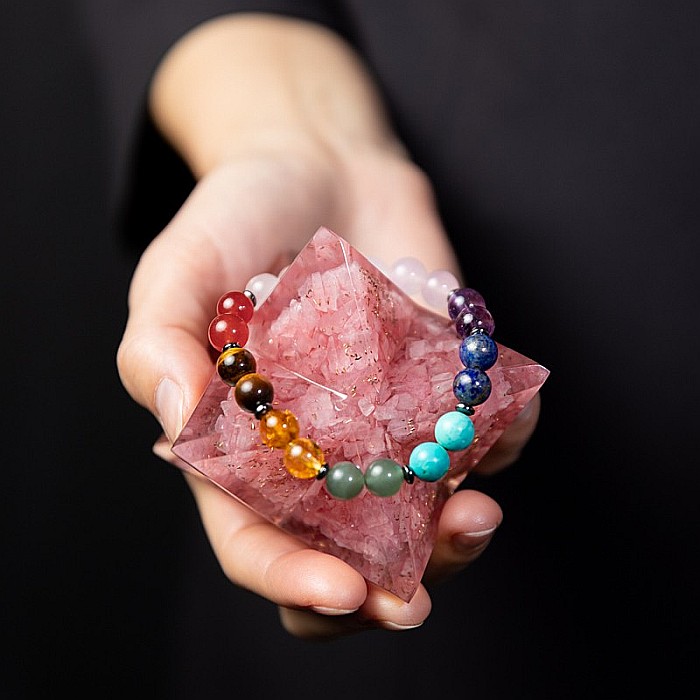 Bratara Chakre din pietre semipretioase si Cuart Roz, sfere de 8mm, Makara [3]