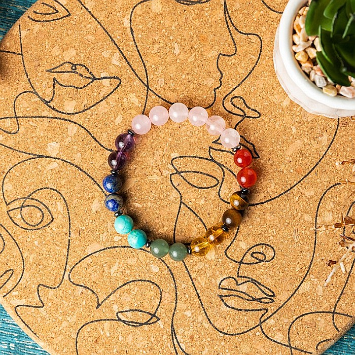 Bratara Chakre din pietre semipretioase si Cuart Roz, sfere de 8mm, Makara [9]