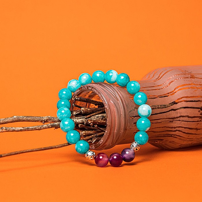 Bratara cristale “Anaya” cu pietre semipretioase de Amazonit si Agata Mov, margele de 8 mm [5]