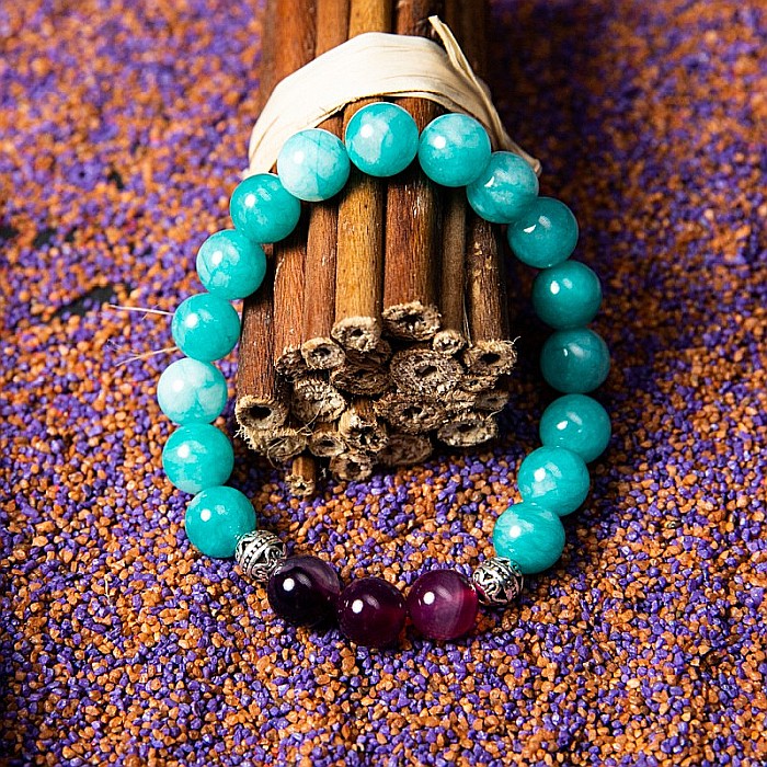 Bratara cristale “Anaya” cu pietre semipretioase de Amazonit si Agata Mov, margele de 8 mm [3]