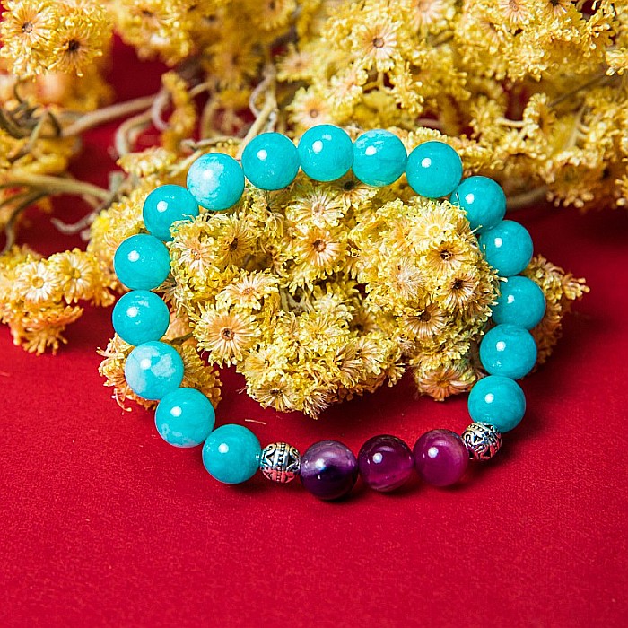 Bratara cristale “Anaya” cu pietre semipretioase de Amazonit si Agata Mov, margele de 8 mm [1]