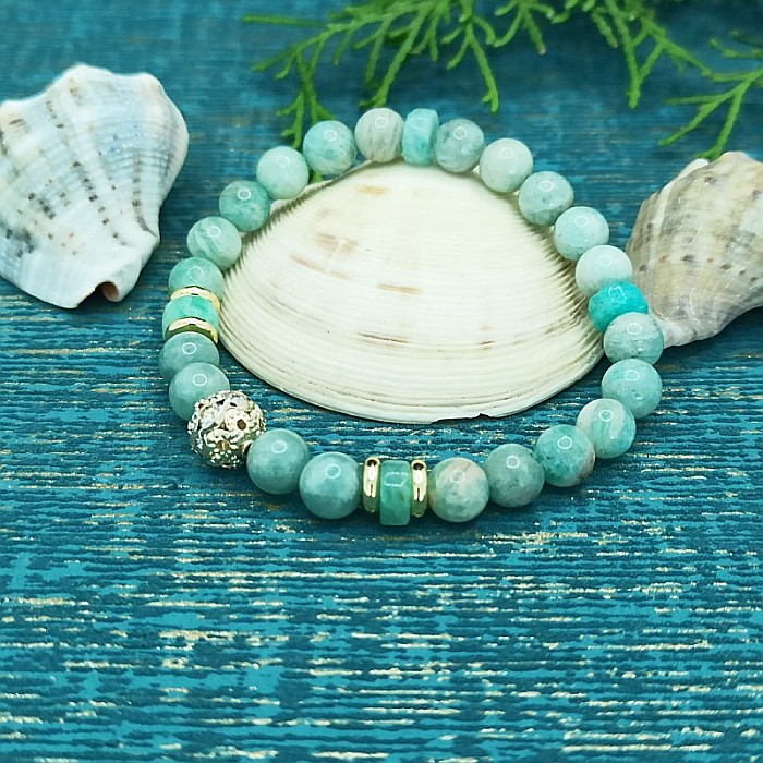 Bratara cristale de Amazonit si Jad Verde, pentru dama, Kaira ❤️, cu charm auriu, margele de 6mm [6]