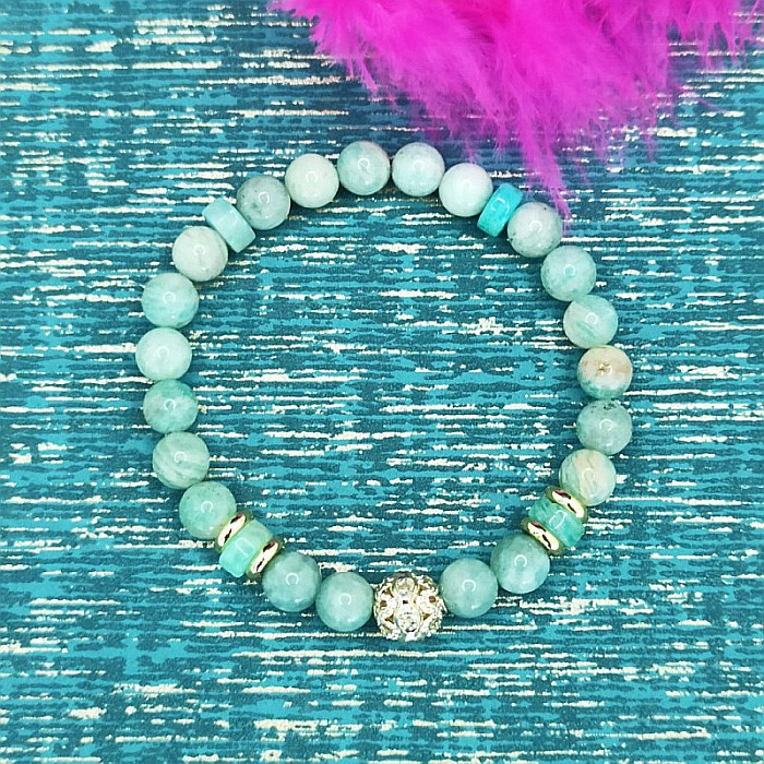 Bratara cristale de Amazonit si Jad Verde, pentru dama, Kaira ❤️, cu charm auriu, margele de 6mm [5]