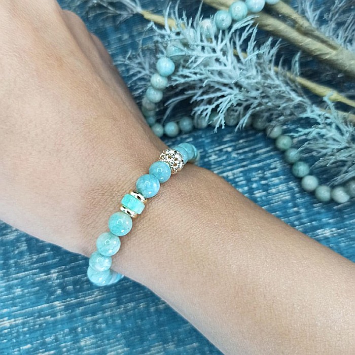 Bratara cristale de Amazonit si Jad Verde, pentru dama, Kaira ❤️, cu charm auriu, margele de 6mm [4]