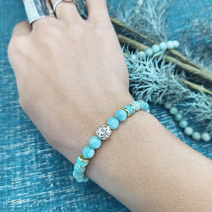 Bratara cristale de Amazonit si Jad Verde, pentru dama, Kaira ❤️, cu charm auriu, margele de 6mm [1]