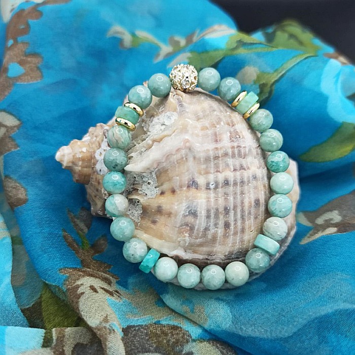 Bratara cristale de Amazonit si Jad Verde, pentru dama, Kaira ❤️, cu charm auriu, margele de 6mm [3]