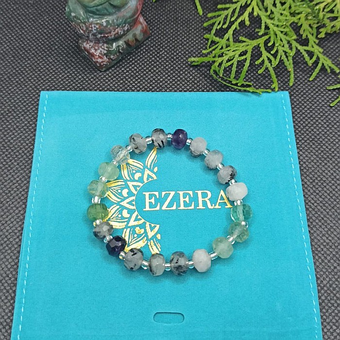 Bratara cristale femei Leonora, cu pietre semipretioase de Fluorit si Cuart Rutilat, magele fatetate de 6mm [3]