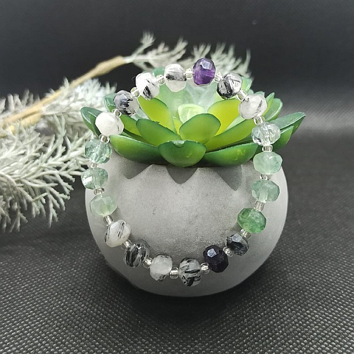 Bratara cristale femei Leonora, cu pietre semipretioase de Fluorit si Cuart Rutilat, magele fatetate de 6mm [1]