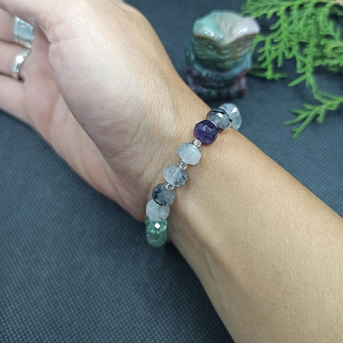 Bratara cristale femei Leonora, cu pietre semipretioase de Fluorit si Cuart Rutilat, magele fatetate de 6mm [8]