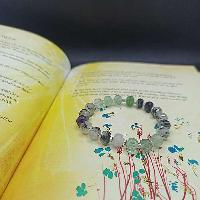 Bratara cristale femei Leonora, cu pietre semipretioase de Fluorit si Cuart Rutilat, magele fatetate de 6mm [5]