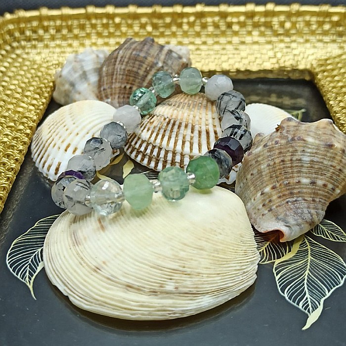 Bratara cristale femei Leonora, cu pietre semipretioase de Fluorit si Cuart Rutilat, magele fatetate de 6mm [2]