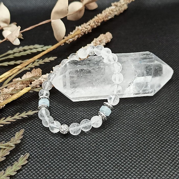 Bratara cristale femei Shanti cu pietre semipretioase de cuart transparent si rondele de Acvamarin, margele de 6mm [4]