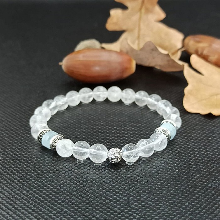 Bratara cristale femei Shanti cu pietre semipretioase de cuart transparent si rondele de Acvamarin, margele de 6mm [5]