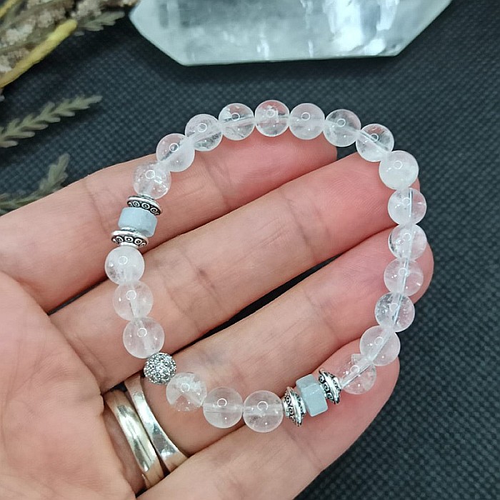 Bratara cristale femei Shanti cu pietre semipretioase de cuart transparent si rondele de Acvamarin, margele de 6mm [3]