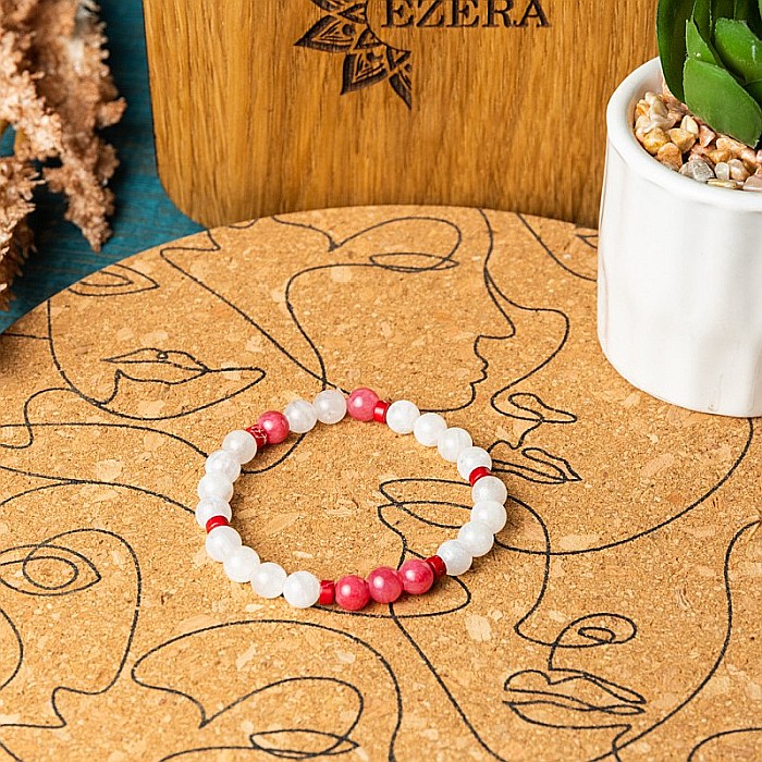 Bratara cu pietre semipretioase Alma, cristale de Jad Rosu Calcedonie si Piatra Lunii, sfere de 6mm [11]