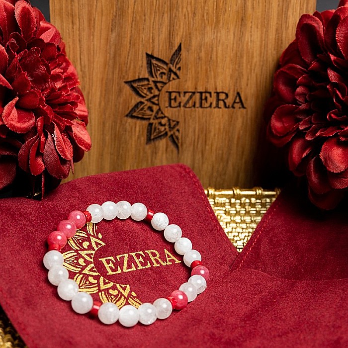 Bratara cu pietre semipretioase Alma, cristale de Jad Rosu Calcedonie si Piatra Lunii, sfere de 6mm [12]