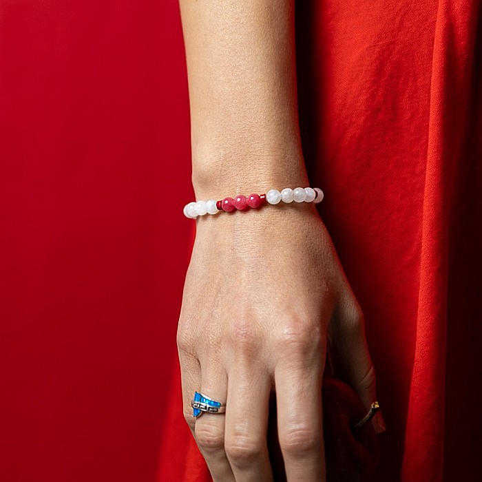 Bratara cu pietre semipretioase Alma, cristale de Jad Rosu Calcedonie si Piatra Lunii, sfere de 6mm [4]