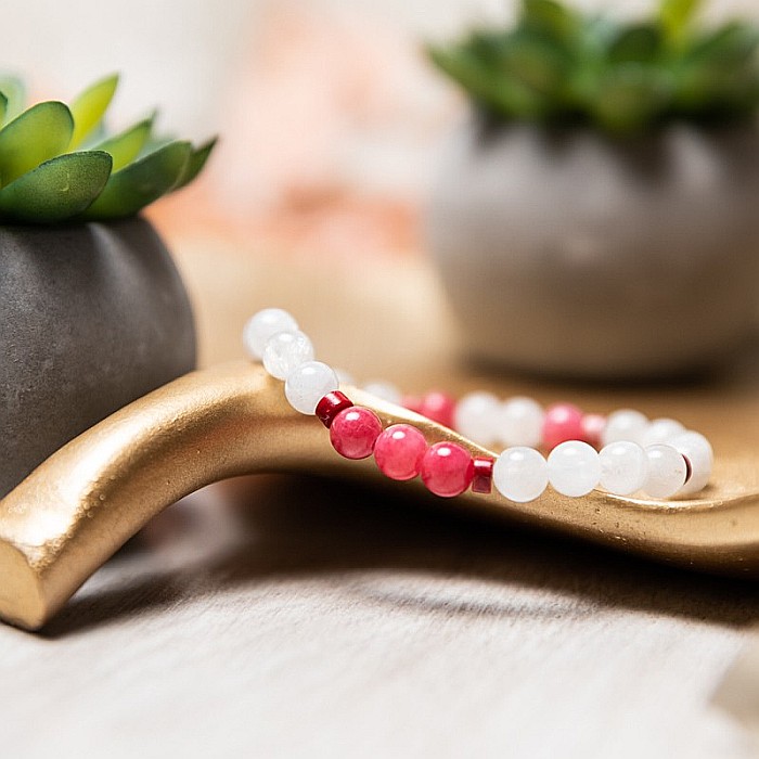 Bratara cu pietre semipretioase Alma, cristale de Jad Rosu Calcedonie si Piatra Lunii, sfere de 6mm [9]