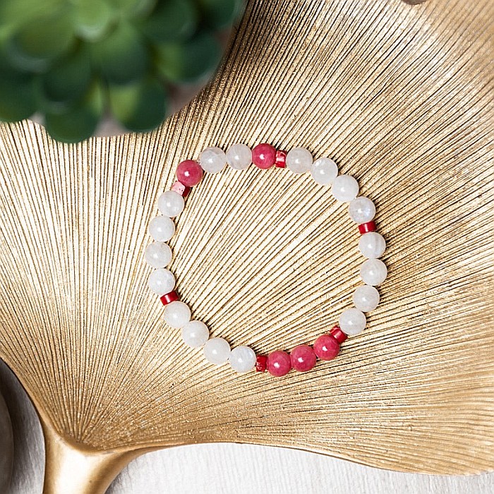 Bratara cu pietre semipretioase Alma, cristale de Jad Rosu Calcedonie si Piatra Lunii, sfere de 6mm [8]