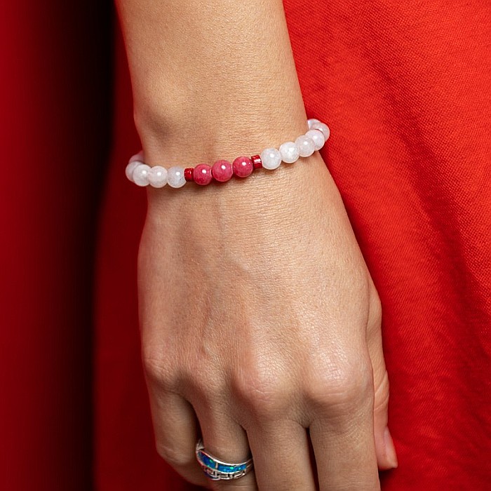 Bratara cu pietre semipretioase Alma, cristale de Jad Rosu Calcedonie si Piatra Lunii, sfere de 6mm [1]