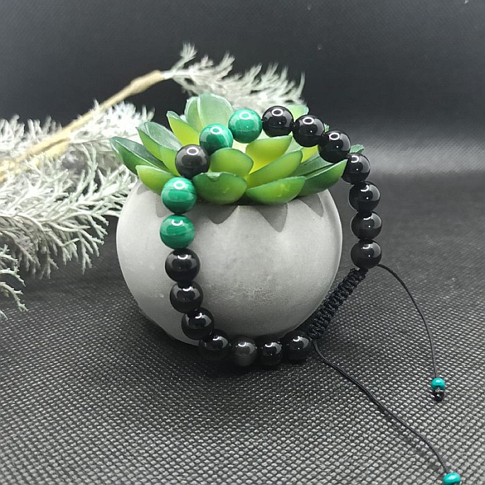 Bratara cu snur barbati, Ziva, din pietre semipretioase de obsidian si malachit, margele de 8mm [1]