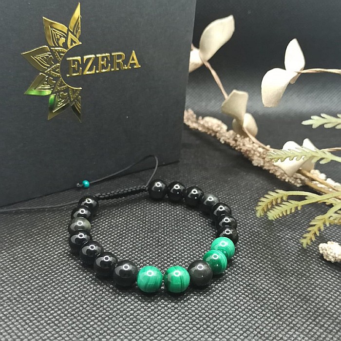 Bratara cu snur barbati, Ziva, din pietre semipretioase de obsidian si malachit, margele de 8mm [2]