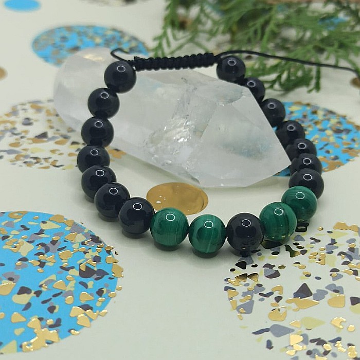 Bratara cu snur barbati, Ziva, din pietre semipretioase de obsidian si malachit, margele de 8mm [3]