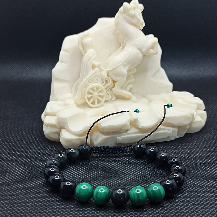 Bratara cu snur barbati, Ziva, din pietre semipretioase de obsidian si malachit, margele de 8mm [4]