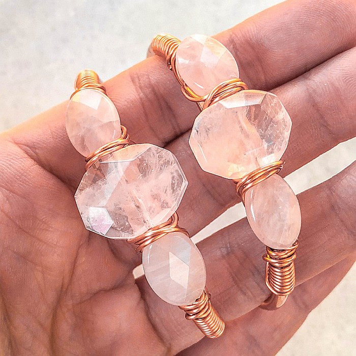 Bratara cuff cu cristal de Cuart Roz, brut, Enyia, placata cu aur de 24K [2]