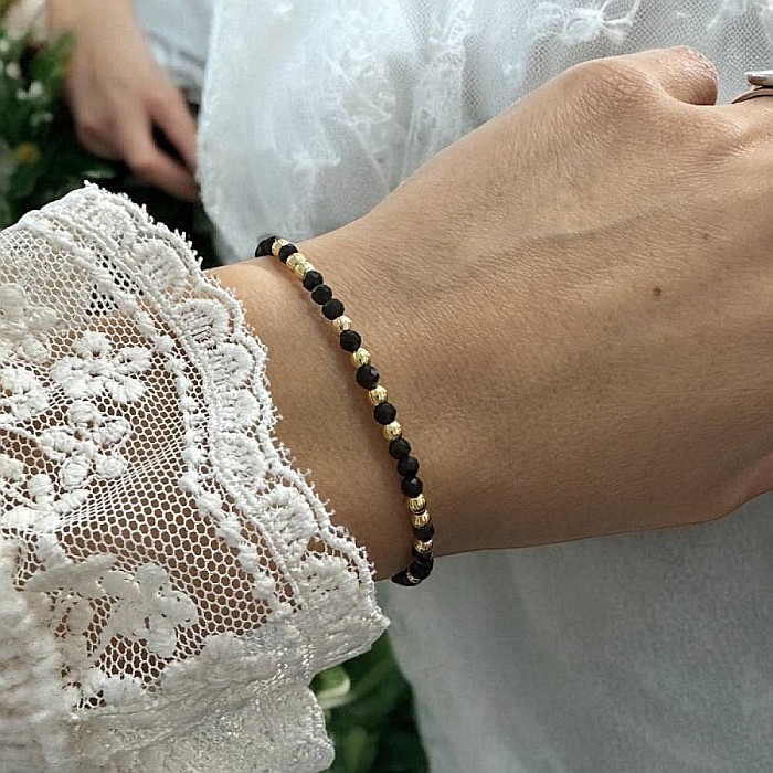 Bratara dama handmade din Obsidian Amina cu bilute din argint placat cu aur [2]