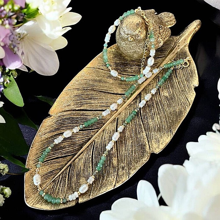 Bratara dama Lana din jad verde si perle naturale cu argint placat cu aur [5]