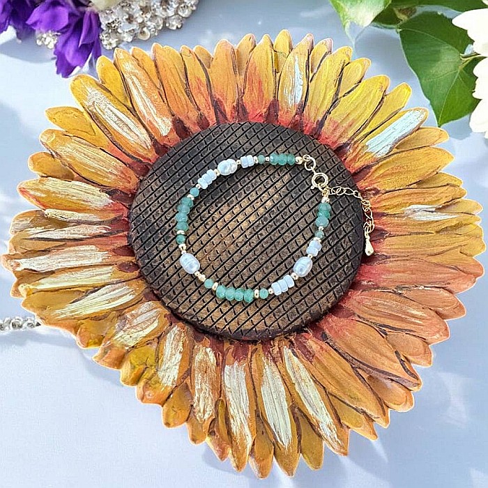 Bratara dama Lana din jad verde si perle naturale cu argint placat cu aur [4]