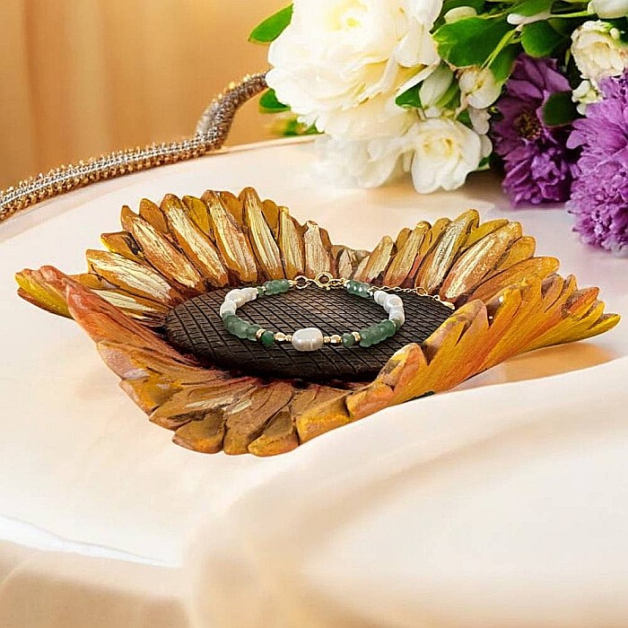 Bratara dama Lana din jad verde si perle naturale cu argint placat cu aur [3]