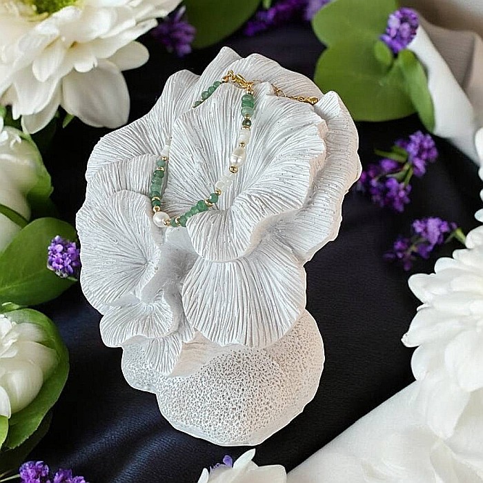 Bratara dama Lana din jad verde si perle naturale cu argint placat cu aur [8]