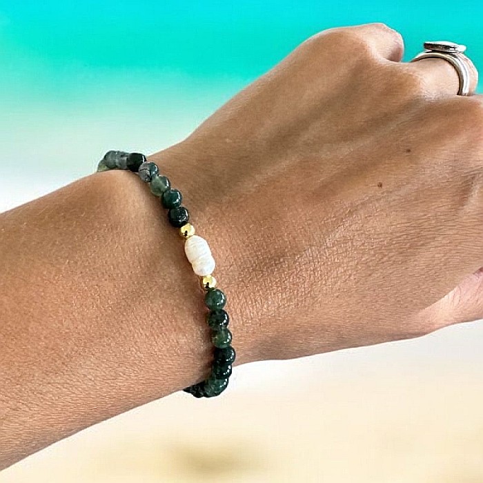 Bratara dama Samanta cu cristale Moss Agate cu Perla si accesorii din argint placat cu aur [2]