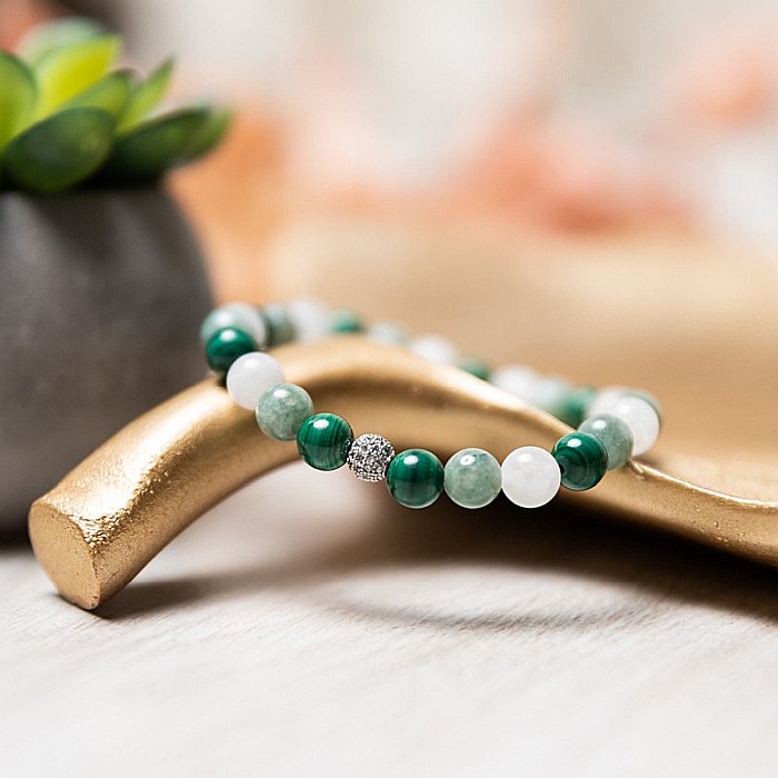 Bratara eleganta fete Mehal, din pietre semipretioase de Malachit, Piatra Lunii si Jad Verde, margele de 6mm [4]