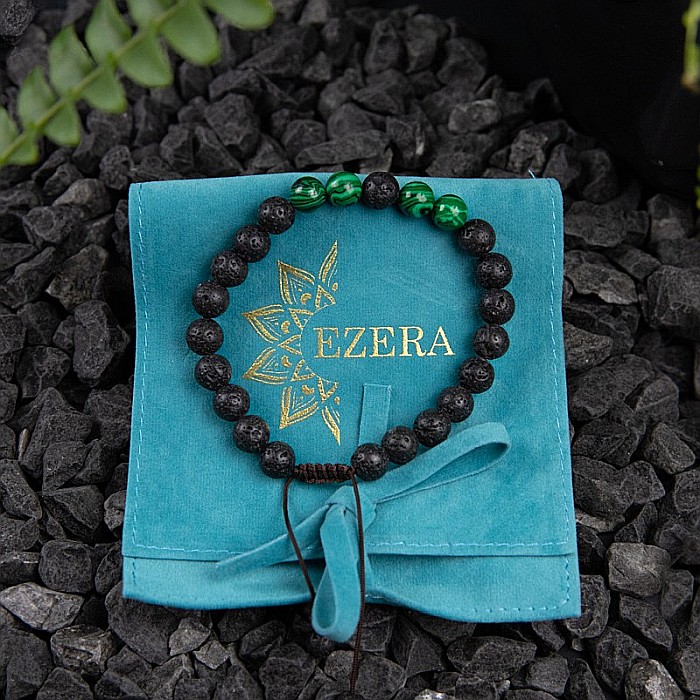 Bratara aromaterapie ”ENID” ajustabila cu snur din Pietre de Lava (Vulcanice) si Pietre de Malachit Verzi [2]