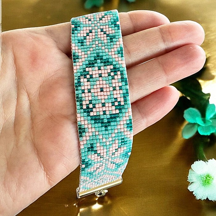 Bratara femei eleganta Nellie din margele Miyuki, impletita manual in nuante de turcoaz si somon [4]