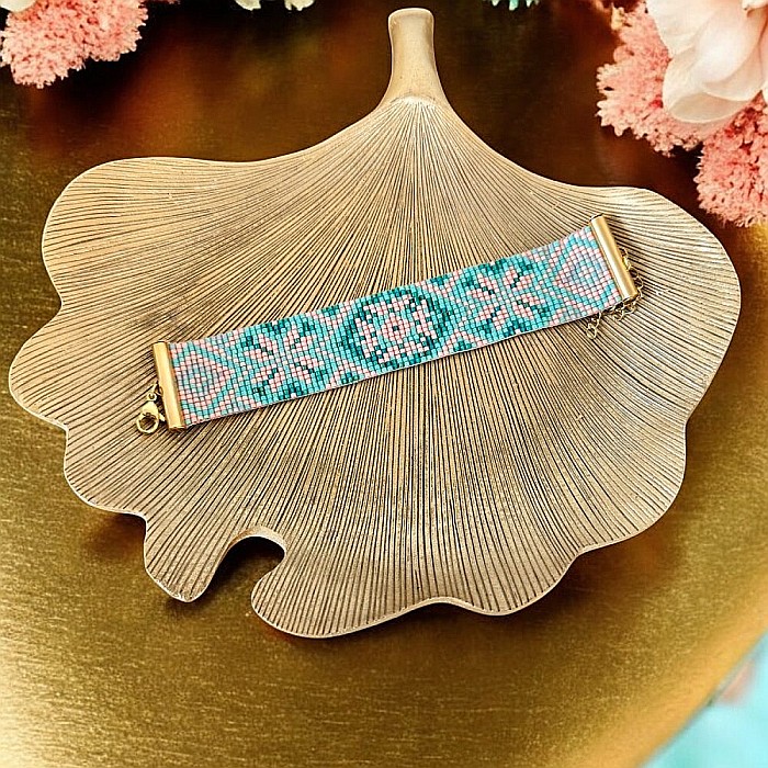 Bratara femei eleganta Nellie din margele Miyuki, impletita manual in nuante de turcoaz si somon [5]